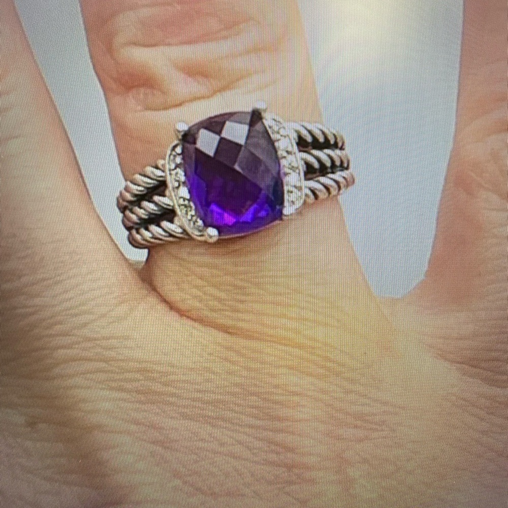 Petite David Yurman Amethyst & Diamond Ring Sterling Silver